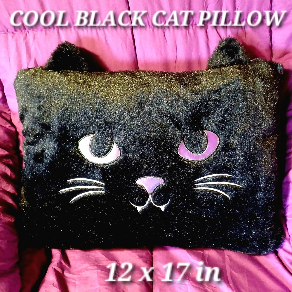 Black Cat Soft faux fur w/ iridescent rainbow gold eyes plush pillow - Picture 1 of 6